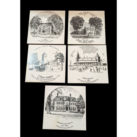 Set Of 5 Collectible Ceramic Tiles Pittsfield Dalton MA Historic Landmarks 1980s - Picture 1 of 7